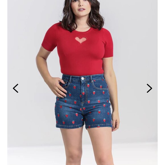 Hell Bunny Strawberry Denim Shorts Size M - Picture 1 of 6
